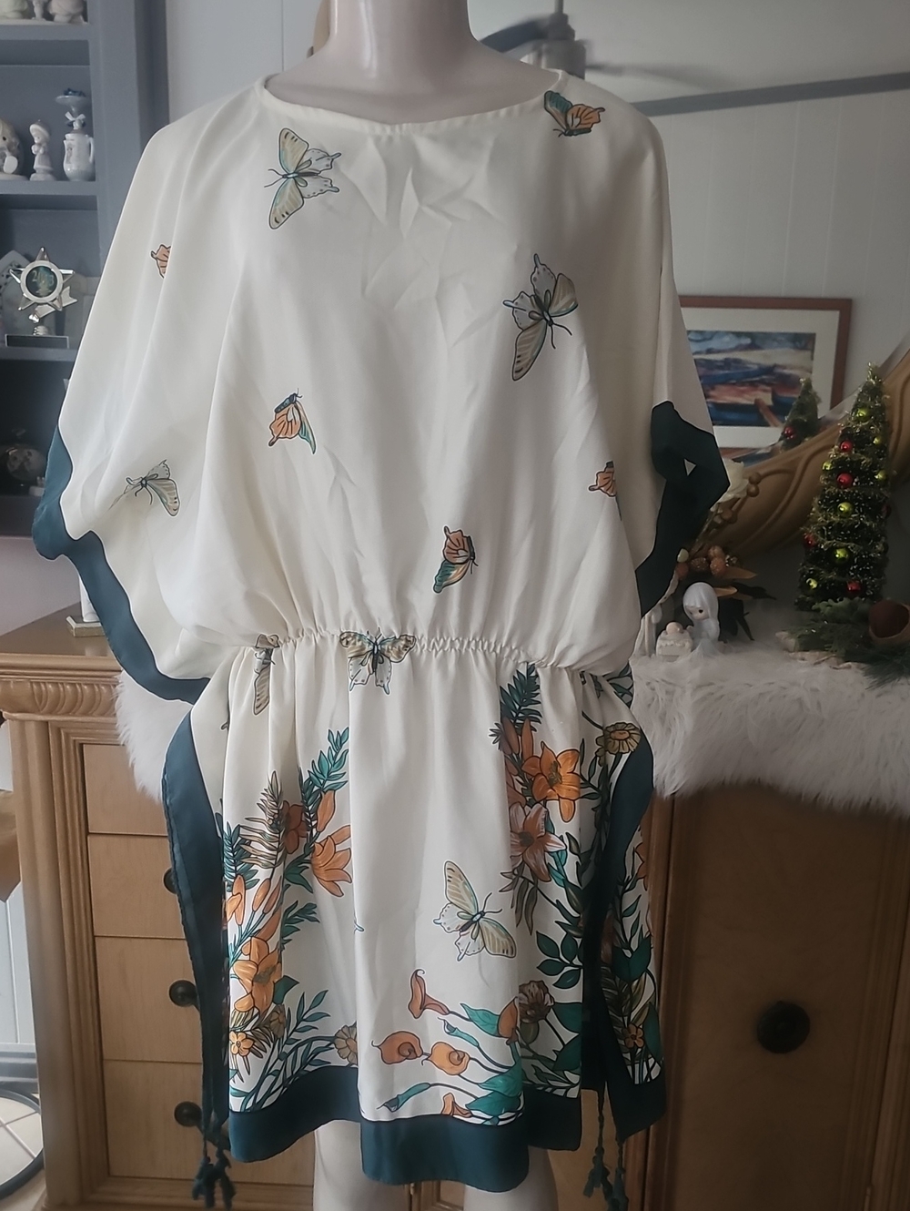 Women's Cream Floral Butterfly Tunic Dress with Green Trim Free Size (Large- XL)